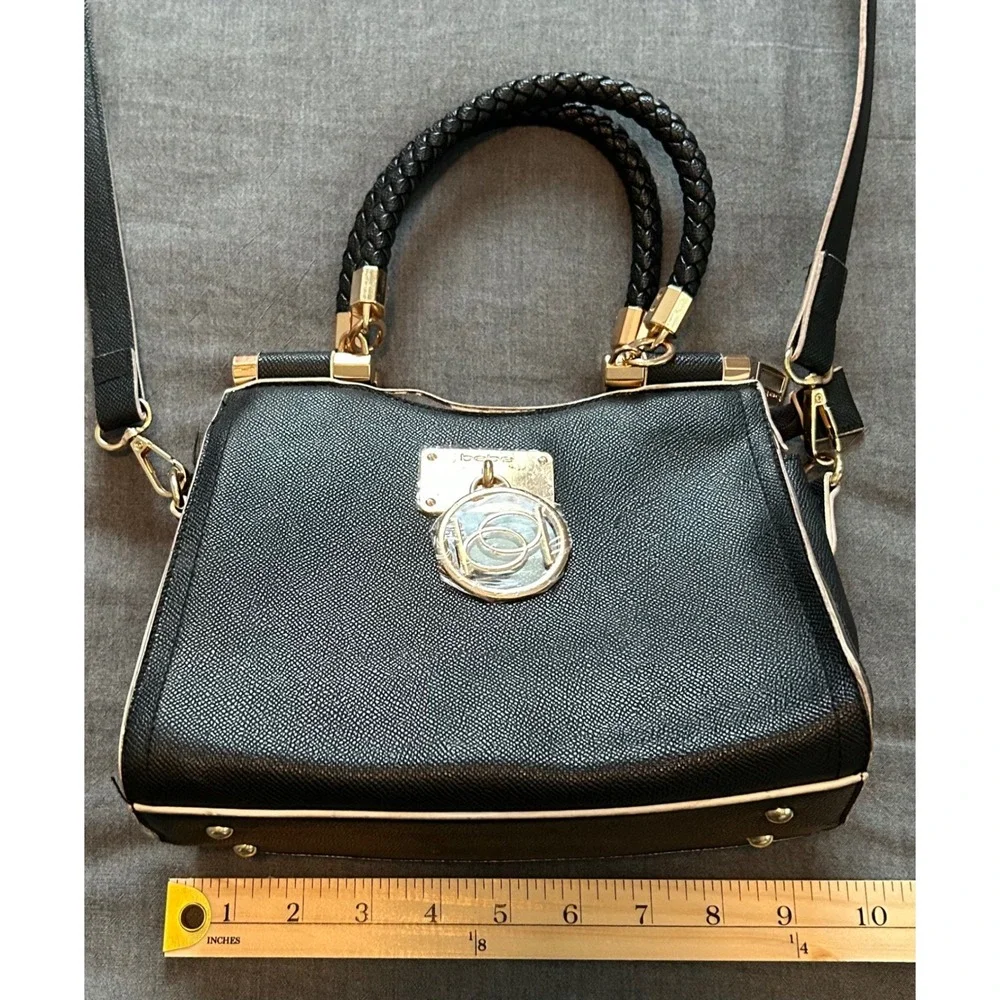 Bebe Black Saffiano Crossbody Satchel Bag Braided Handle Gold Logo Medallion